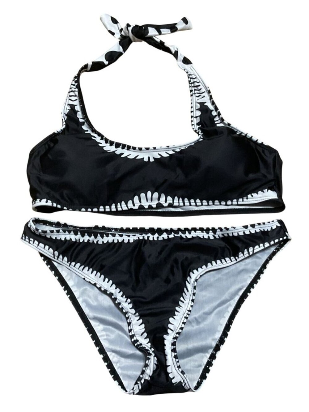 Black & White Halter Bikini Set Size L Tie Neck Abstract Pattern High Elasticity